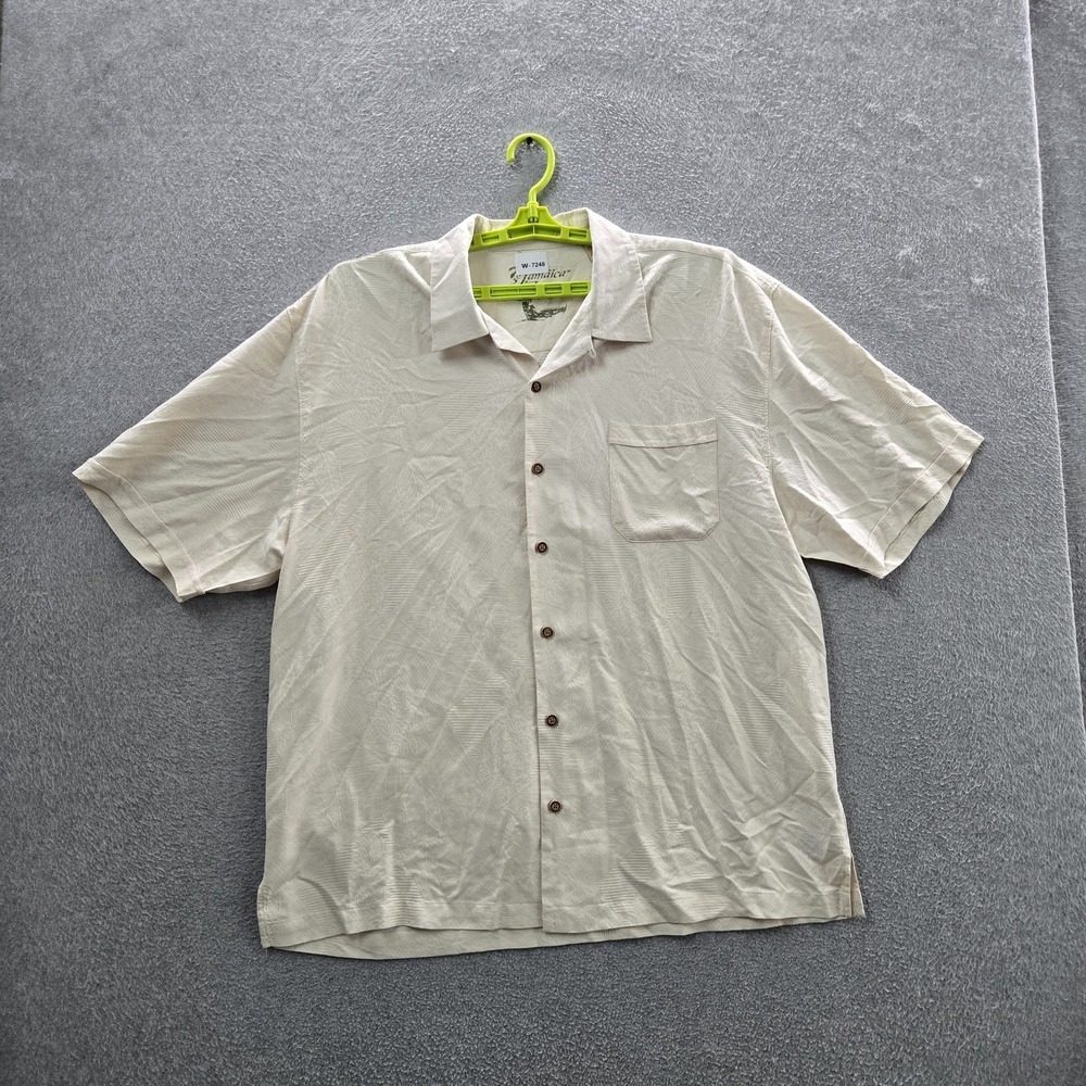 Jamaica‎ Jaxx Men Button Up Shirt XXL Cream Silk Floral Palm Trees Hawaiian